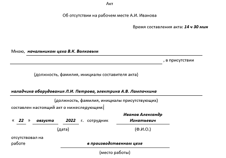 Акт о невыходе на работу — правильный образец 2021