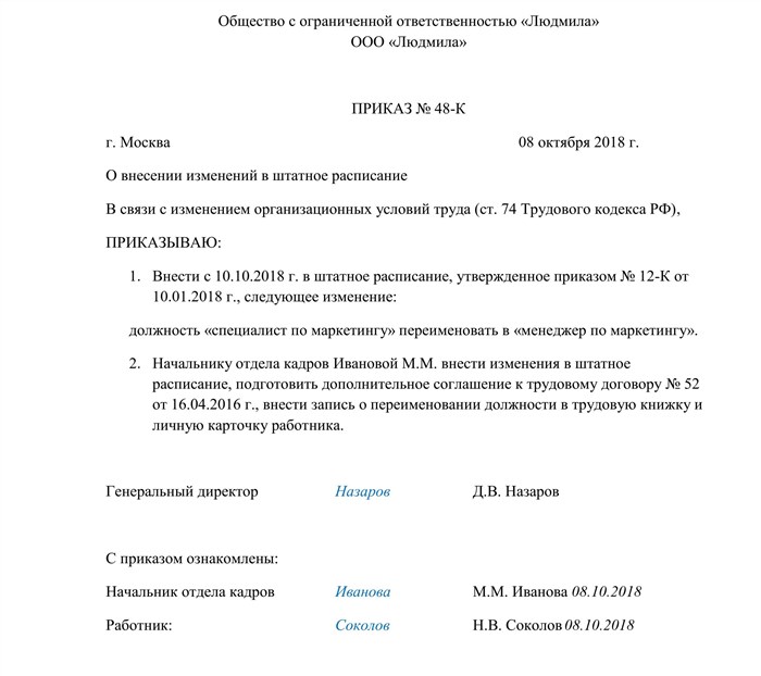 Порядок действий при переименовании должности в штатном расписании зависит от того вакантно ли место А еще от причины по которой понадобились перемены