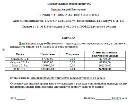 Справка о доходах ип