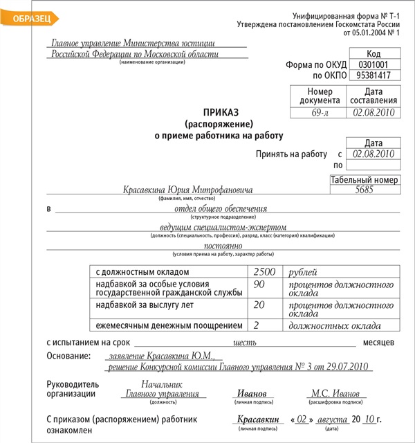 Правила оформления приказа о приеме на работу — заполнение формы т-1 и образец