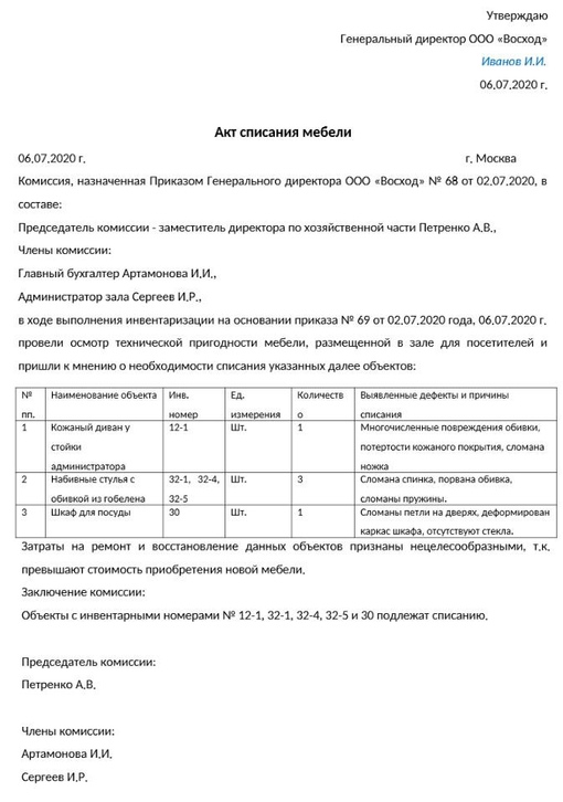Основные причины списания мебели
