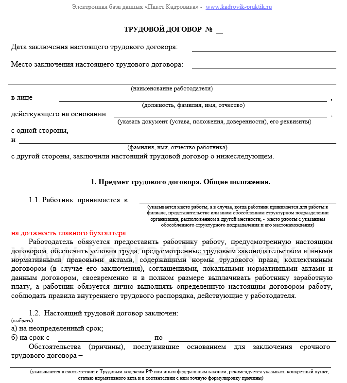 Трудовой договор с главным бухгалтером образец, условия