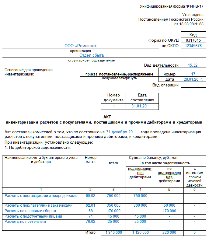 Унифицированная форма № инв-17 — бланк и образец