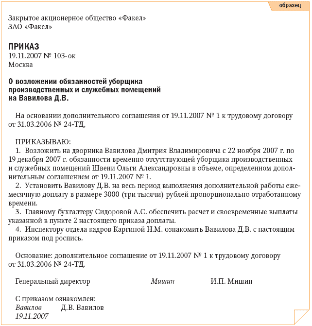Когда сотрудник уходит в отпуск или болеет работодатель поручает выполнение его обязанностей другому человеку как правило из того же отдела Причем бывает что дополнительную работу не оплачивают