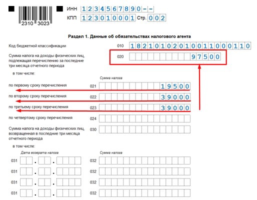 Образец заполнения 6 ндфл за  1 квартал 2024 года