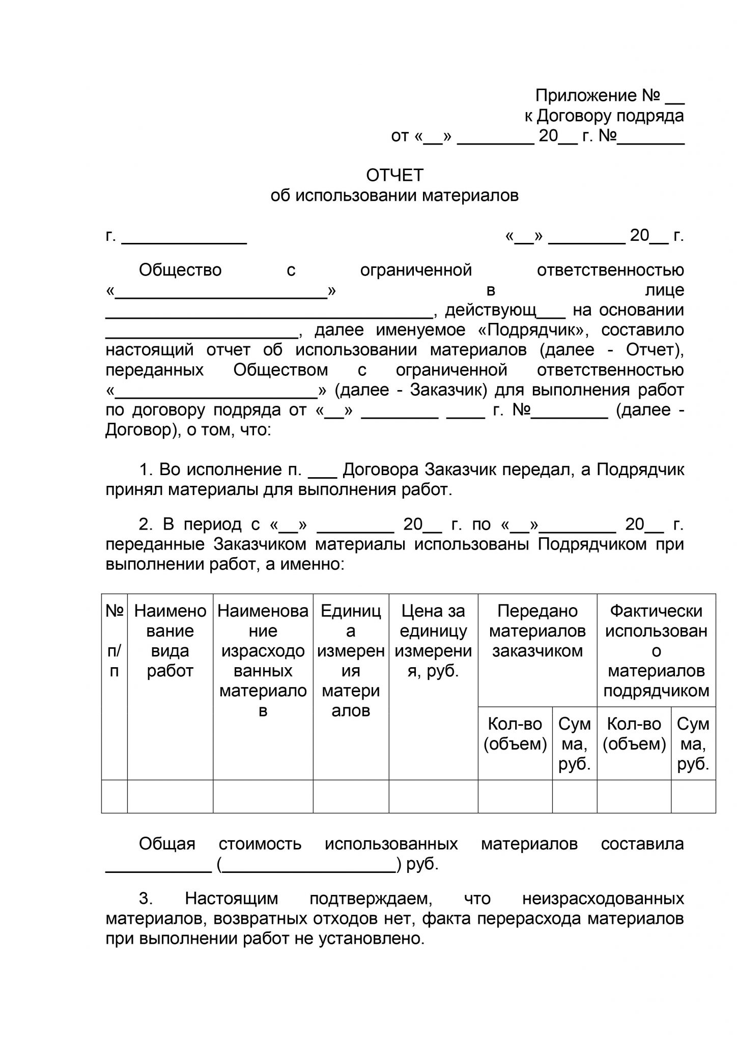 Акт об использовании давальческих материалов, образец