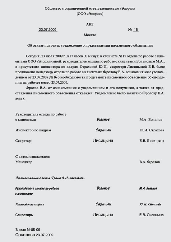 Акт об опоздании на работу: образец — как оформить опоздание сотрудника