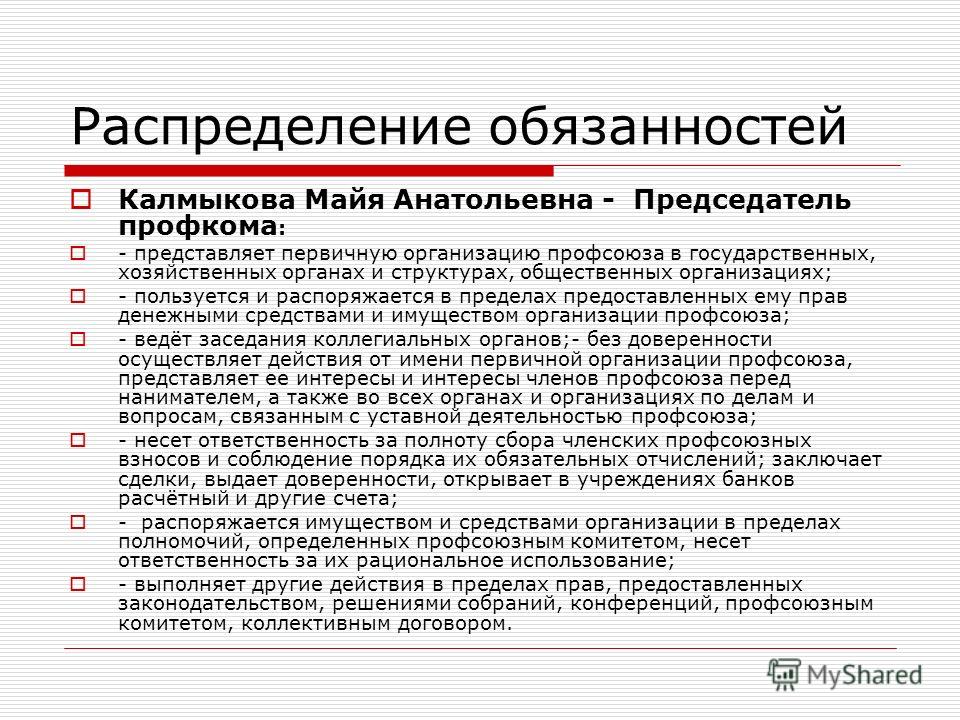 Должностная инструкция председателя профсоюзной организации