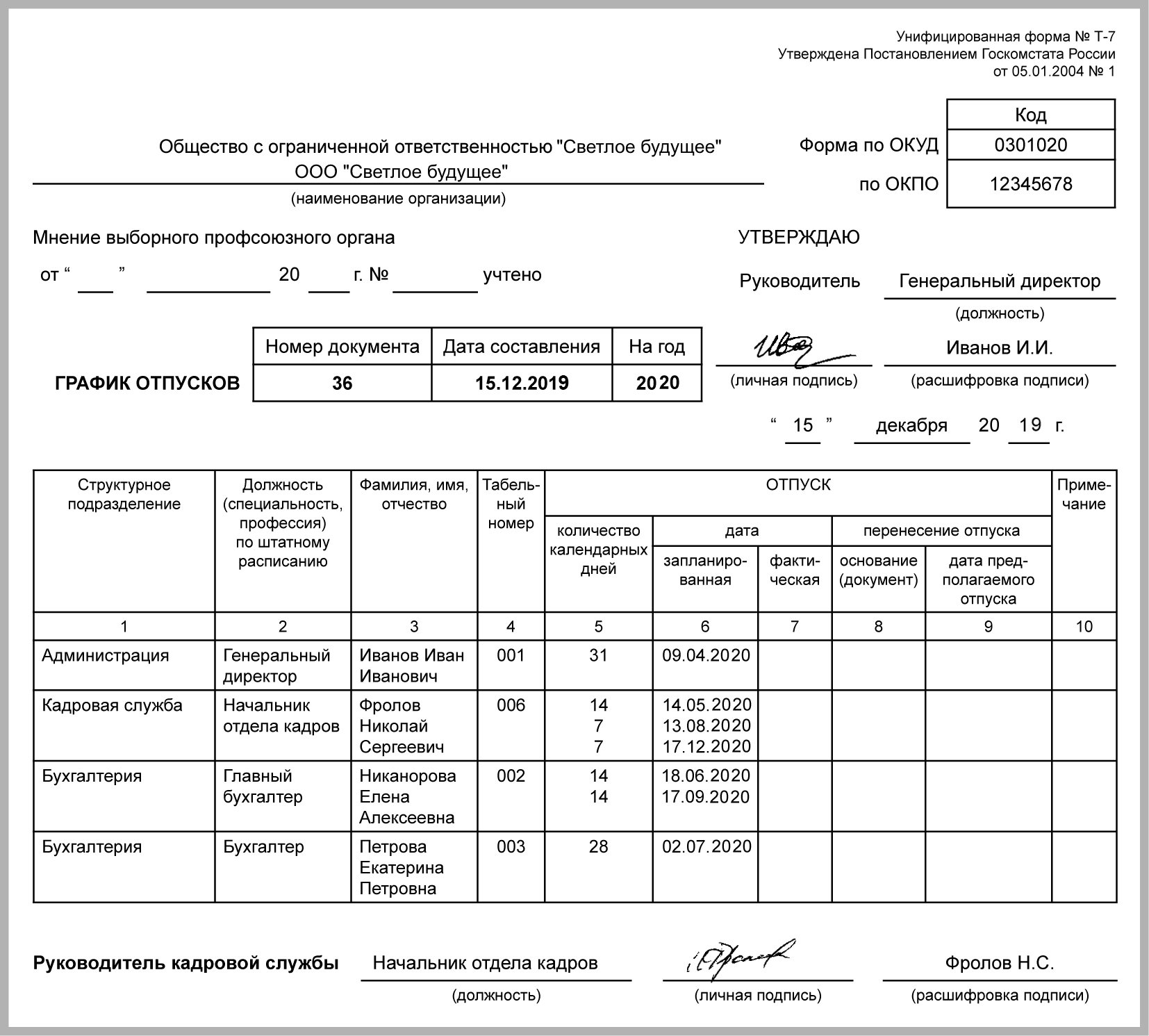 График отпусков на 2024 год как составить заполнить и утвердить