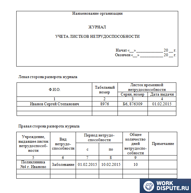 Журнал учета больничных листов — образец заполнения
