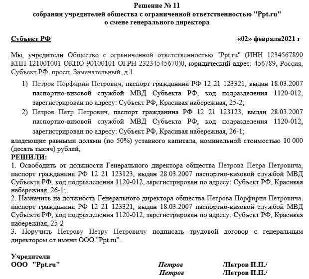 Прекращение полномочий директора. образец протокола