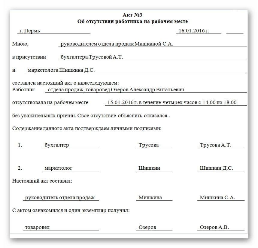 Акт об отсутствии на рабочем месте, образец и пример