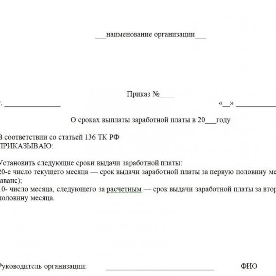 Приказ о сроках выплаты заработной платы. образец 2024 года
