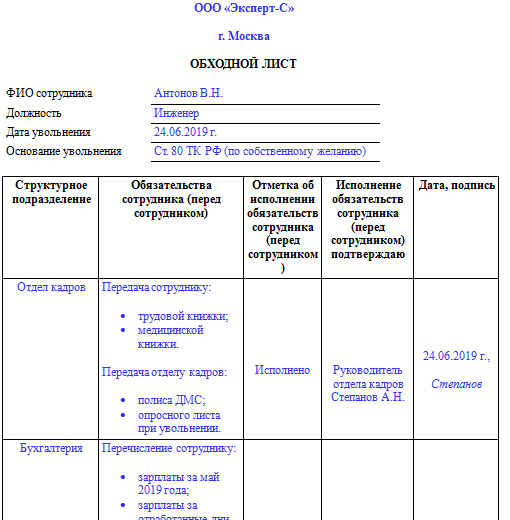 Обходной лист при увольнении образец скачать word