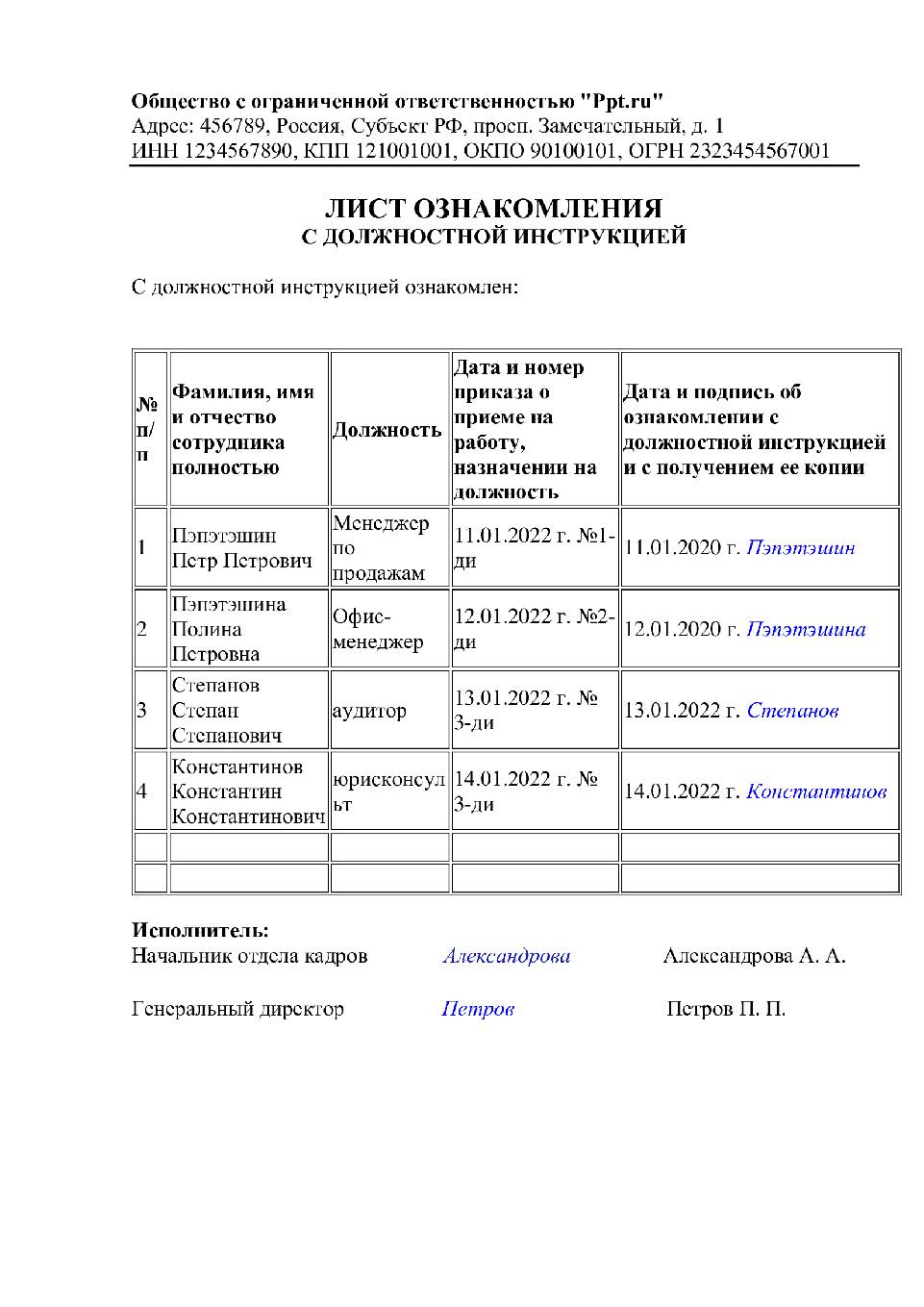 Образец листа ознакомления с должностной инструкцией 2024 года