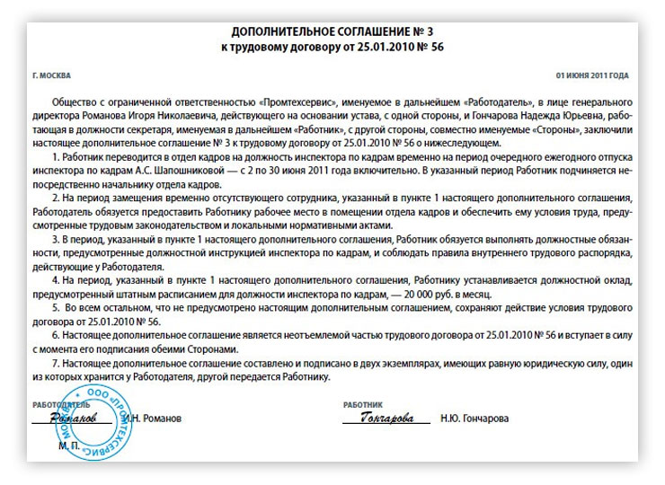 Дополнительное соглашение о переводе на другую должность. образец, бланк 2024