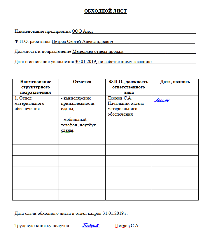 Обходной лист при увольнении: нужно ли подписывать, образец заполнения
