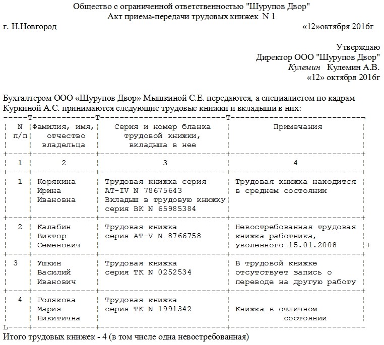 Акт приема-передачи трудовых книжек. образец и бланк 2024 года
