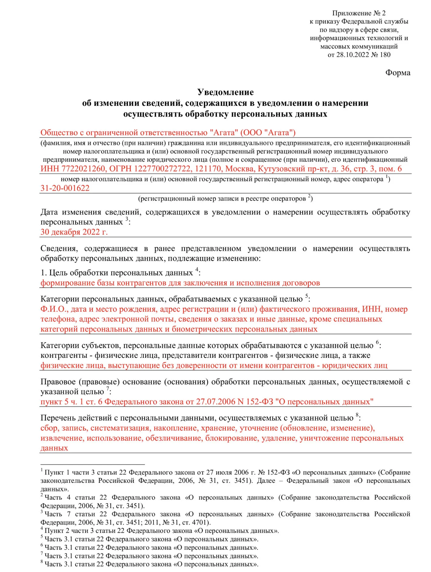 Уведомление роскомнадзора об обработке персональных данных