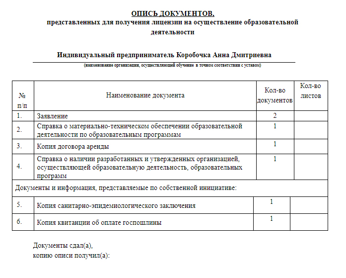 Опись передаваемых документов: скачать образец