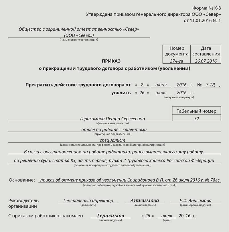 Форма т-8. приказ об увольнении сотрудника. образец и бланк