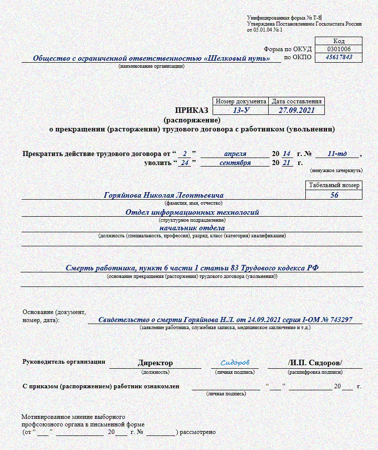 Увольнение в связи со смертью работника: как уволить умершего сотрудника