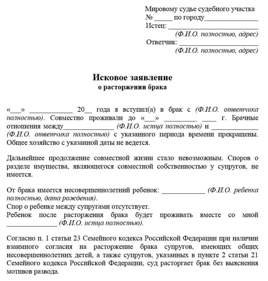Заявление на развод через суд с детьми: образец 2024 года (бланк) иска о расторжении брака | razvod-expert.ru