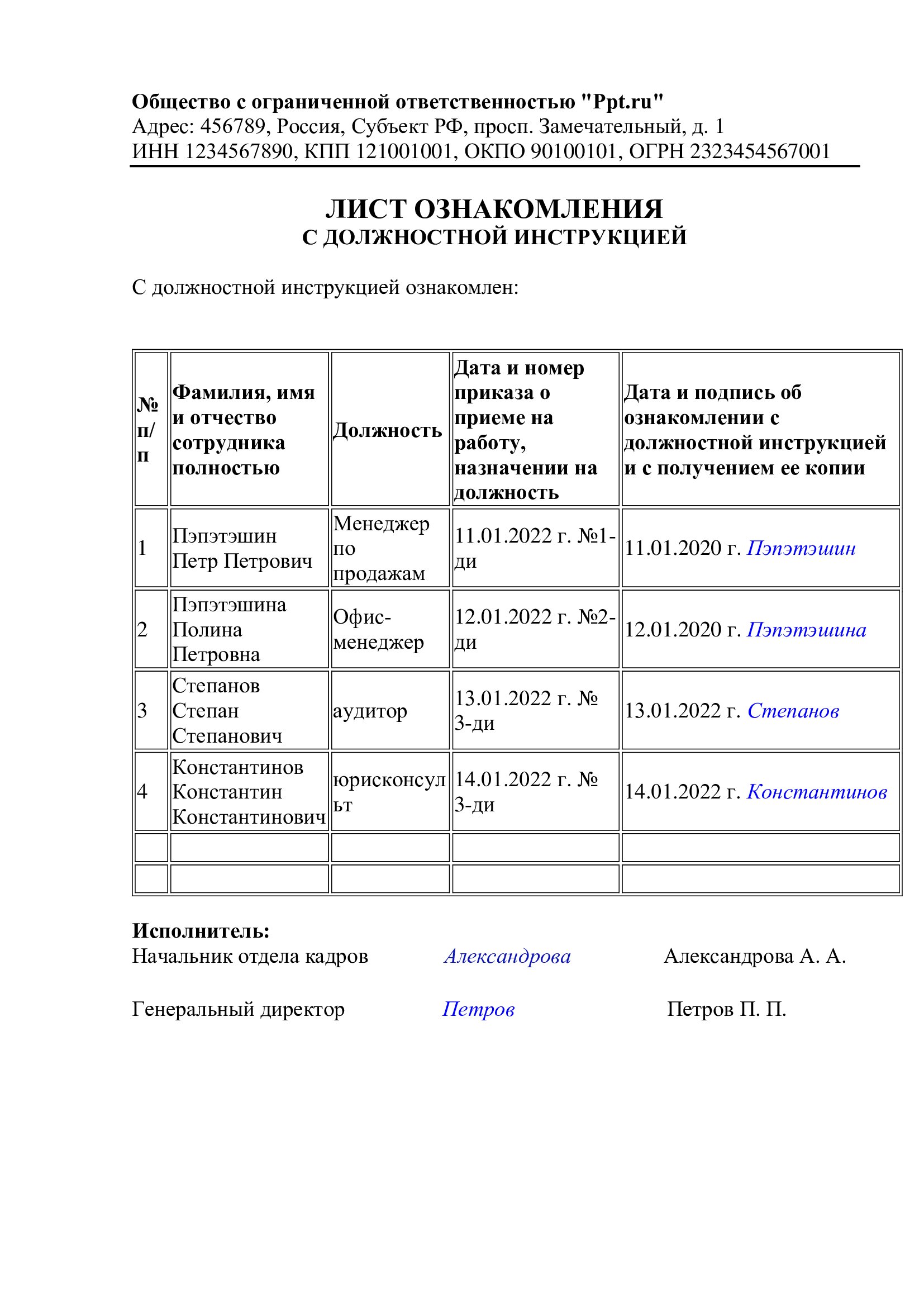 Лист ознакомления с должностной инструкцией: образец, порядок оформления